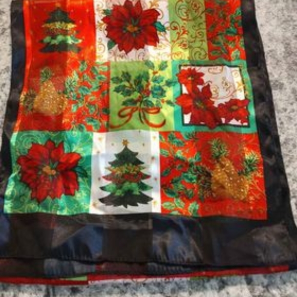 Christmas Scarf Oblong 13x56 Red Green Fun Poinsettia Trees Kim Rodgers - Picture 4 of 6